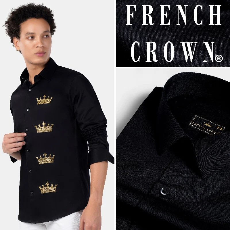 Jade Black Crowns Embroidered Subtle Sheen Super Soft Premium Cotton Designer Shirt