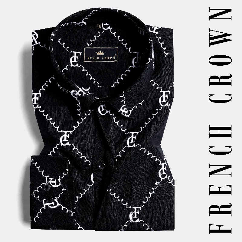 Jade Black with French Crown Elements and Geometric Embroidered Luxurious Linen Designer Shirt