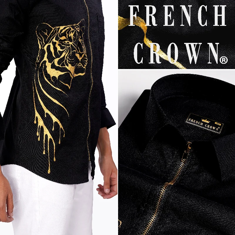 Jade Black with Golden Tiger Hand Painted Royal Oxford Designer Overshirt with Zipper Closure