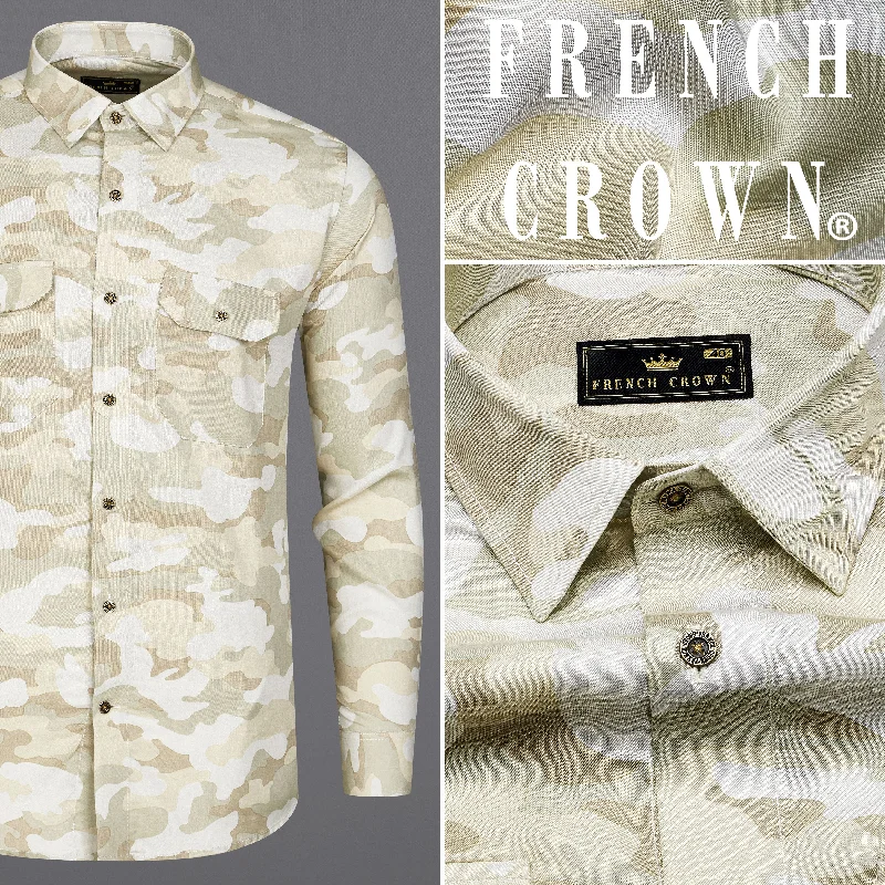 Mercury Cream with Beaver Brown Multicoloured   Camouflage Printed Premium Tencel Designer Shirt