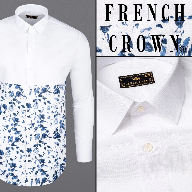 White and Cloud Burst Leaves Printed Premium Cotton Shirt